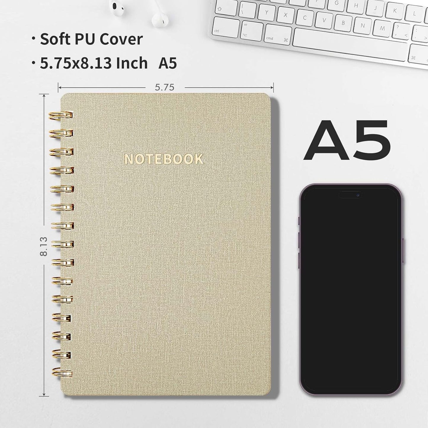Spiral Notebook-5.75" X 8.125" College Ruled Journal with Inner Pockets and 160 Pages, Cloth Cover Business Journal, Twin-Wire Binding Notebook Perfect for Office & Home School Supplies Light Grey