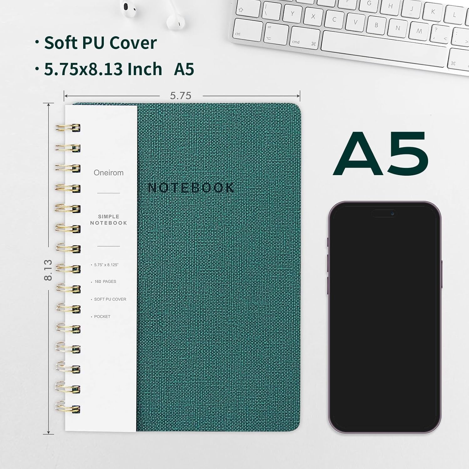 Spiral Notebook-5.75" X 8.125" College Ruled Journal with Inner Pockets and 160 Pages,Pu Leather Cover Business Journal, Twin-Wire Binding Notebook Perfect for Office & Home School Supplies Green